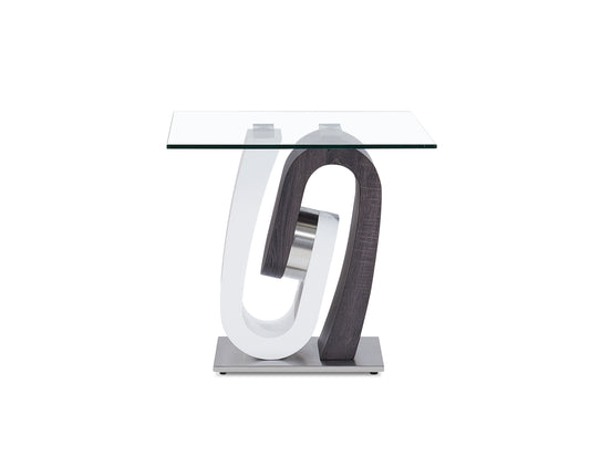 Modern side table with clear glass top and abstract white and dark wood base