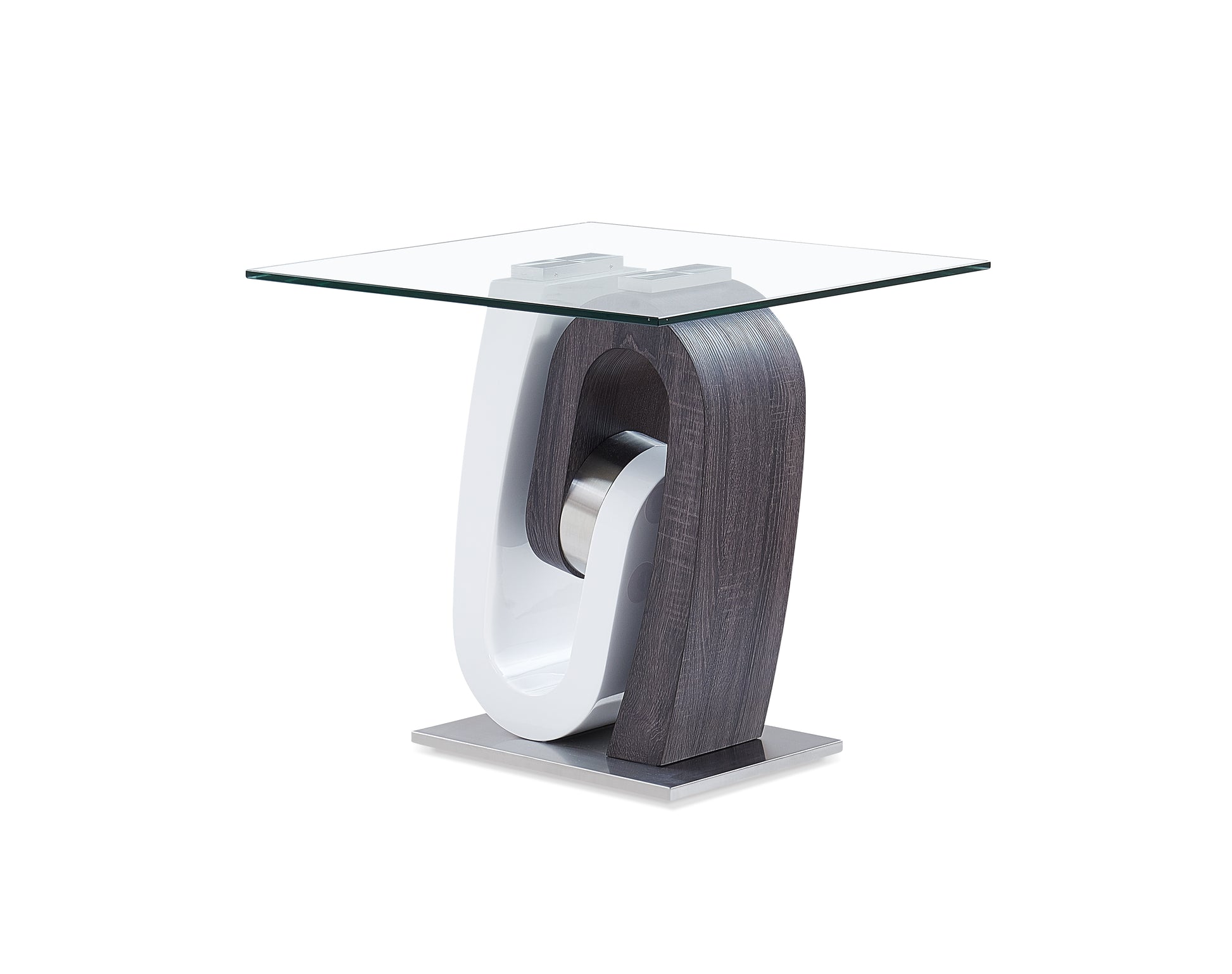 Modern glass top accent table with a white and dark wood curved base