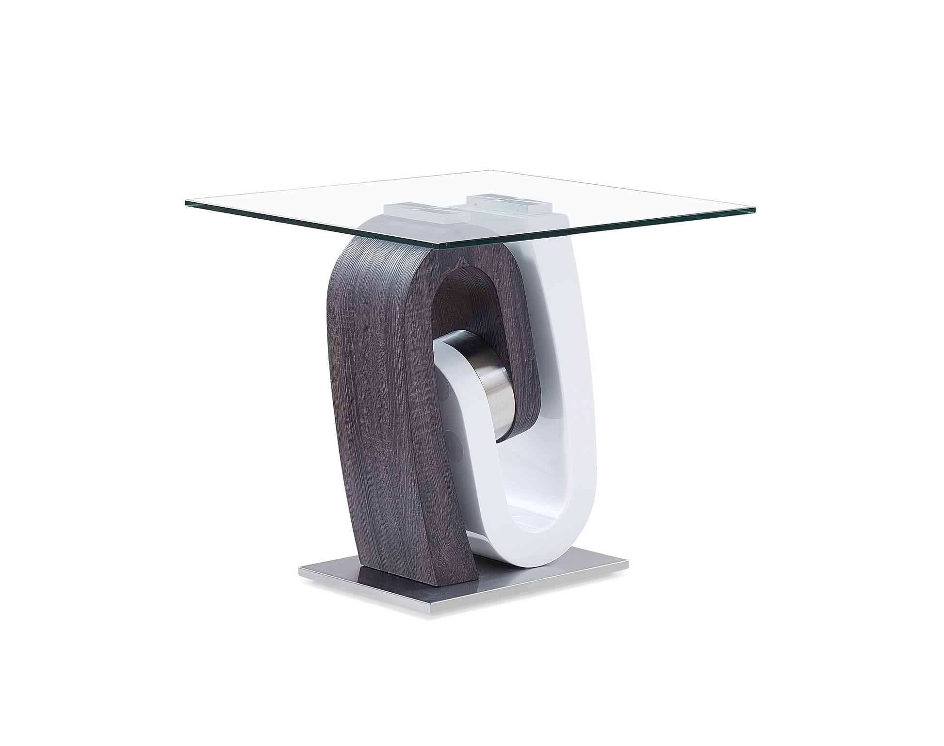 Modern clear glass end table with a sleek curved base in dark wood and white finish