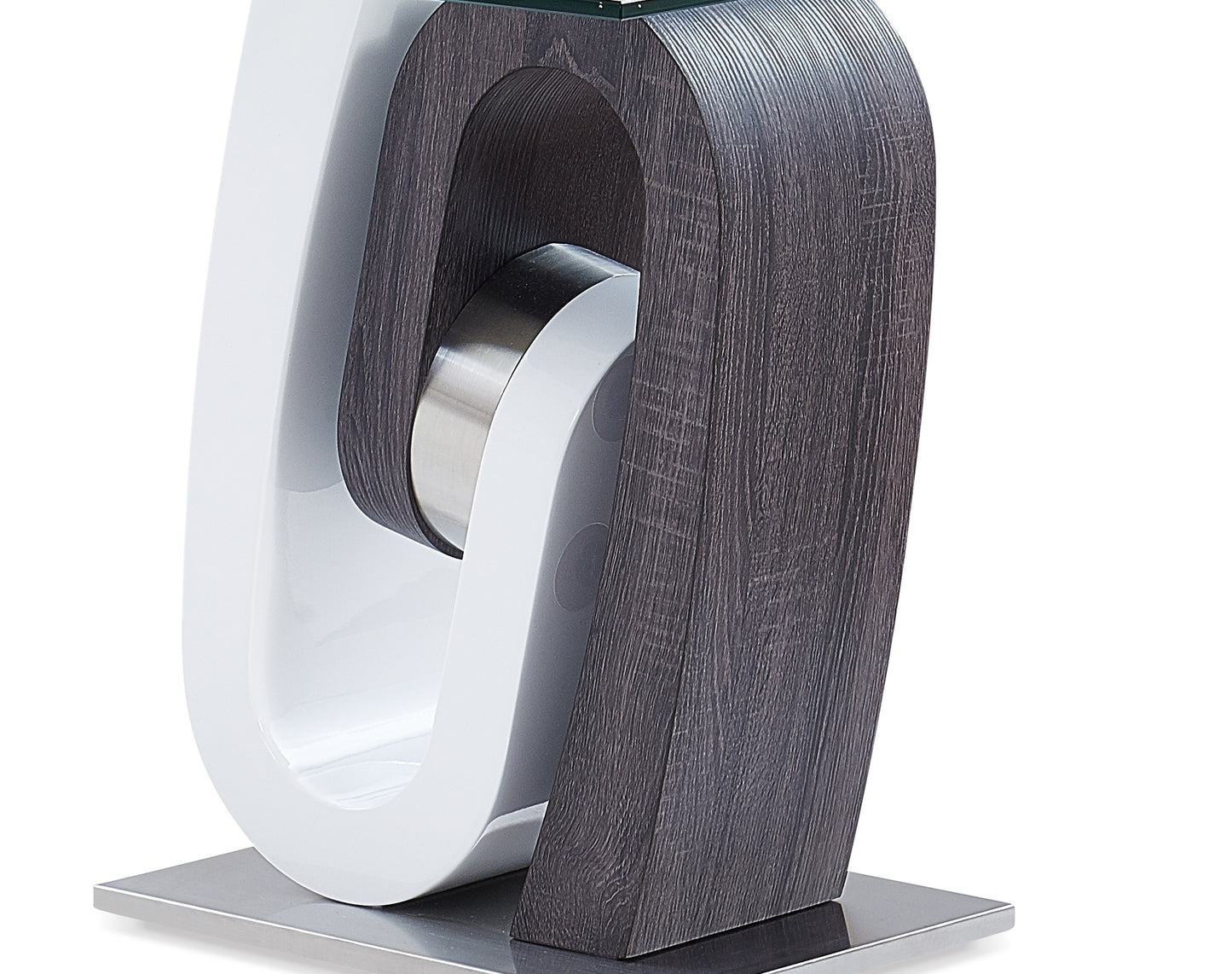 Modern side table with white gloss finish and dark wood grain accent