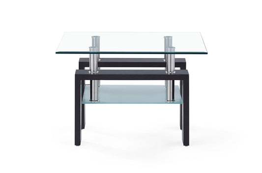 Modern glass coffee table with black wood frame and two shelves