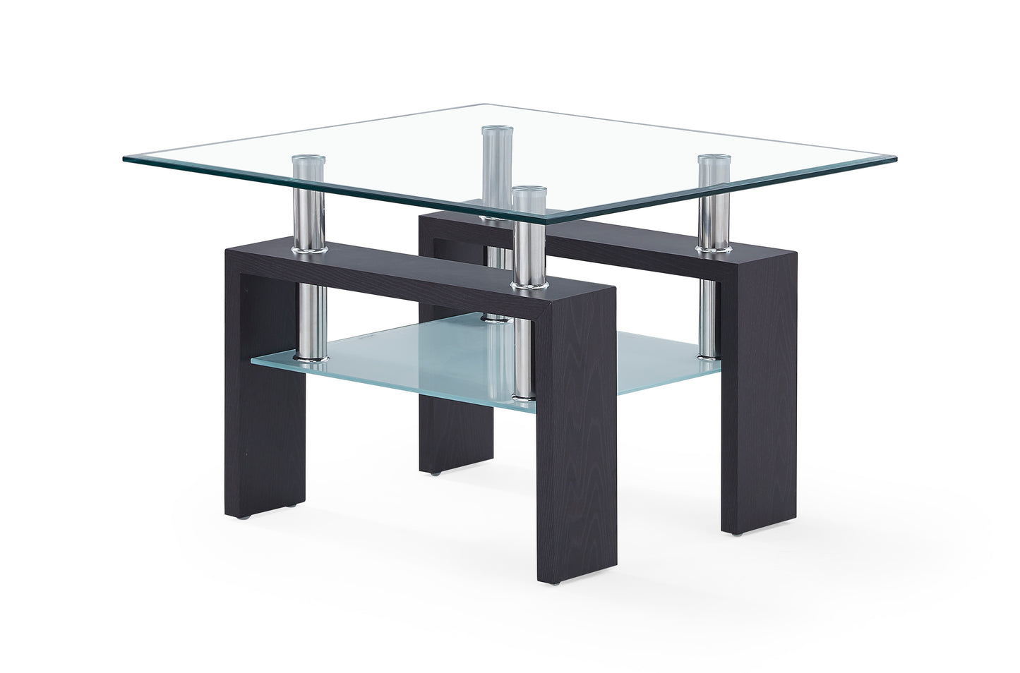 Modern square end table with a clear tempered glass top and shelf supported by dark wood legs and chrome posts