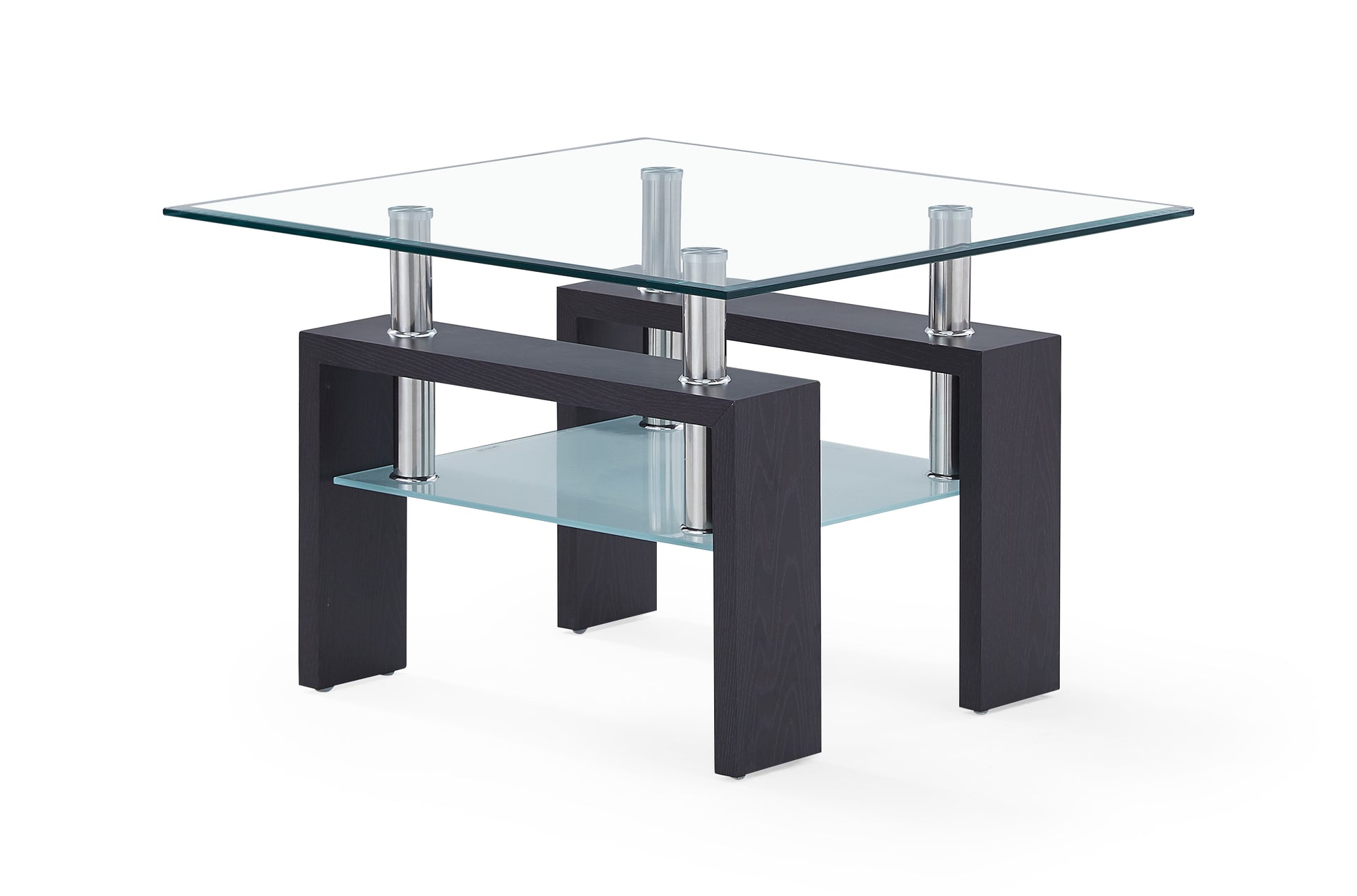 Modern square end table with a clear tempered glass top and shelf supported by dark wood legs and chrome posts