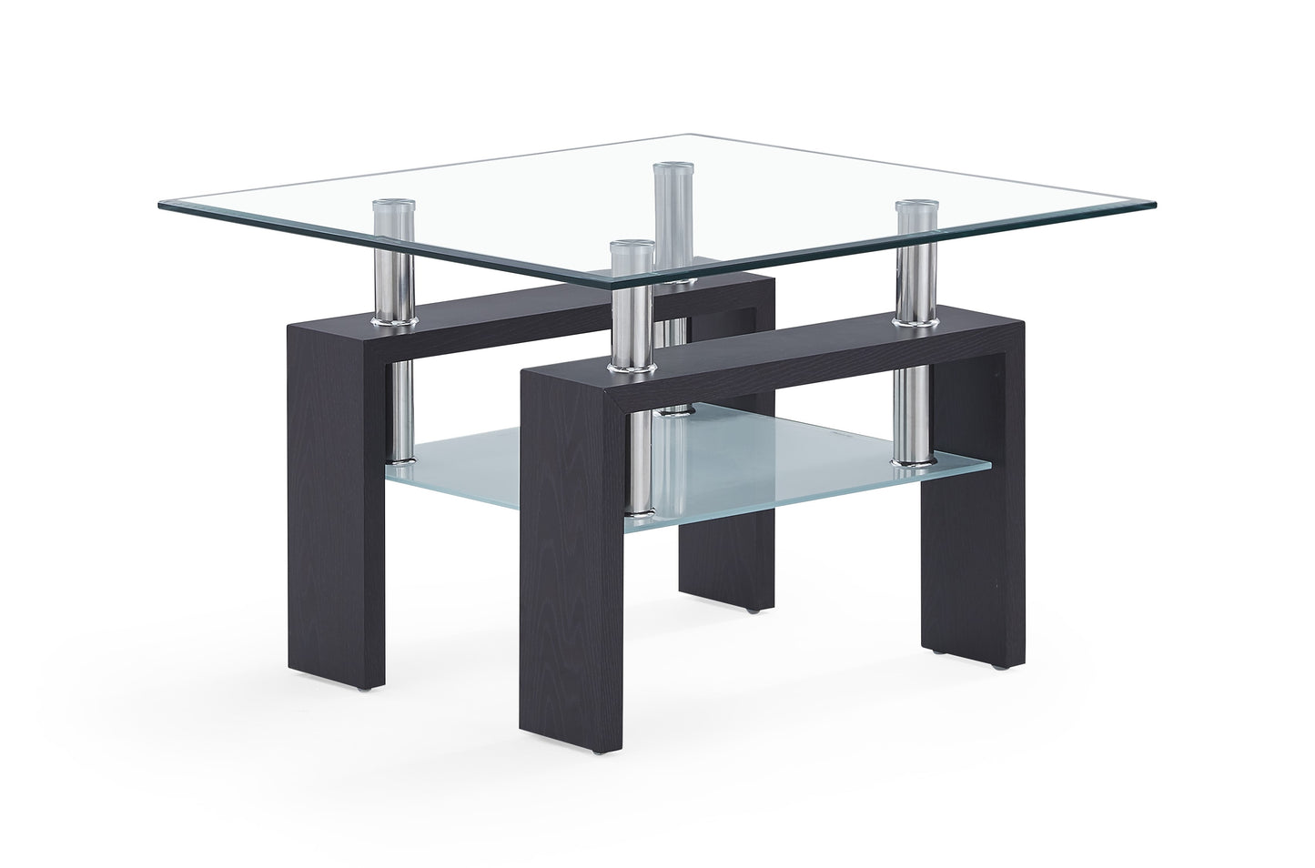 Modern glass top side table with dark wood frame and lower shelf