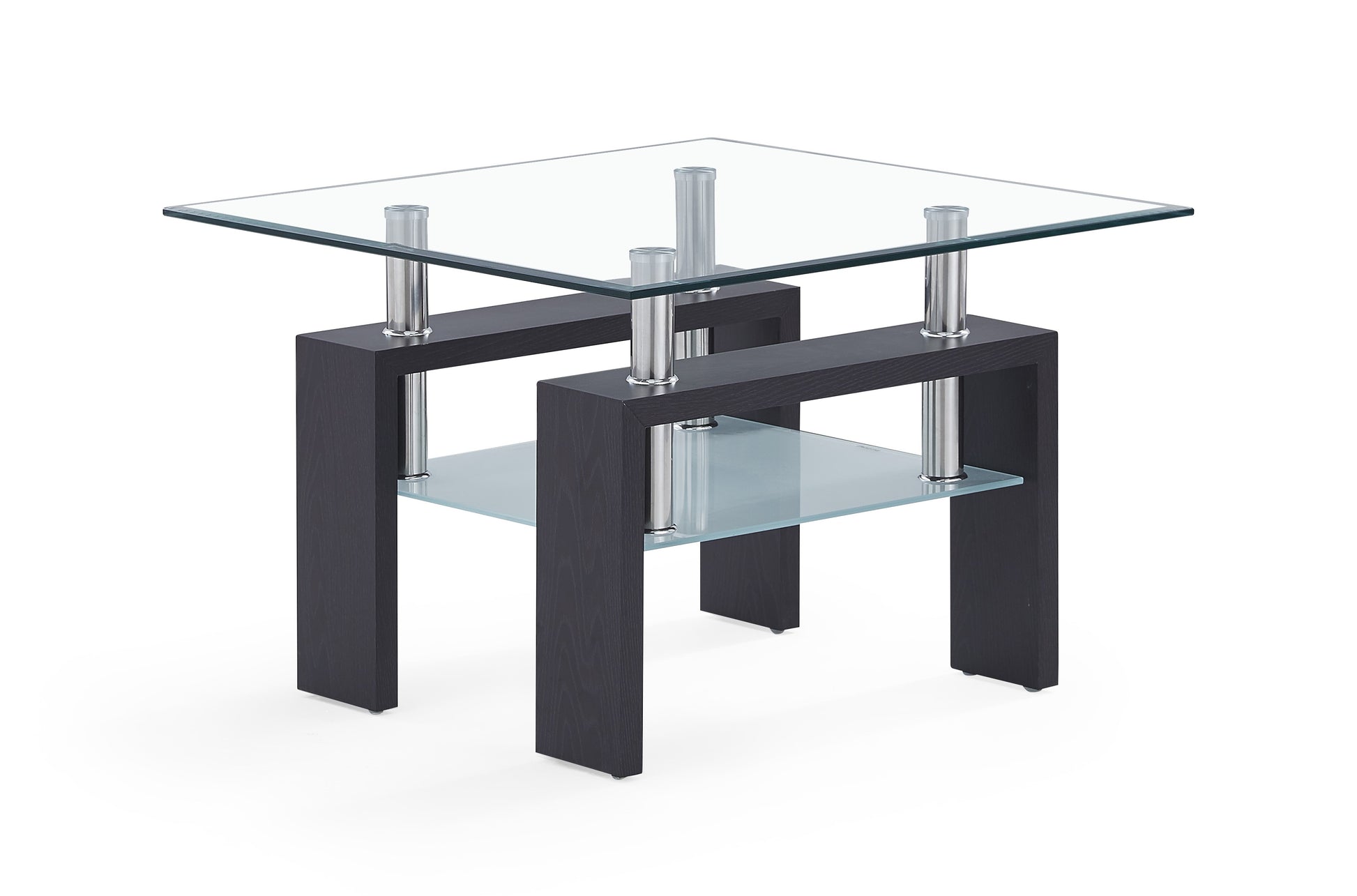 Modern glass top side table with dark wood frame and lower shelf