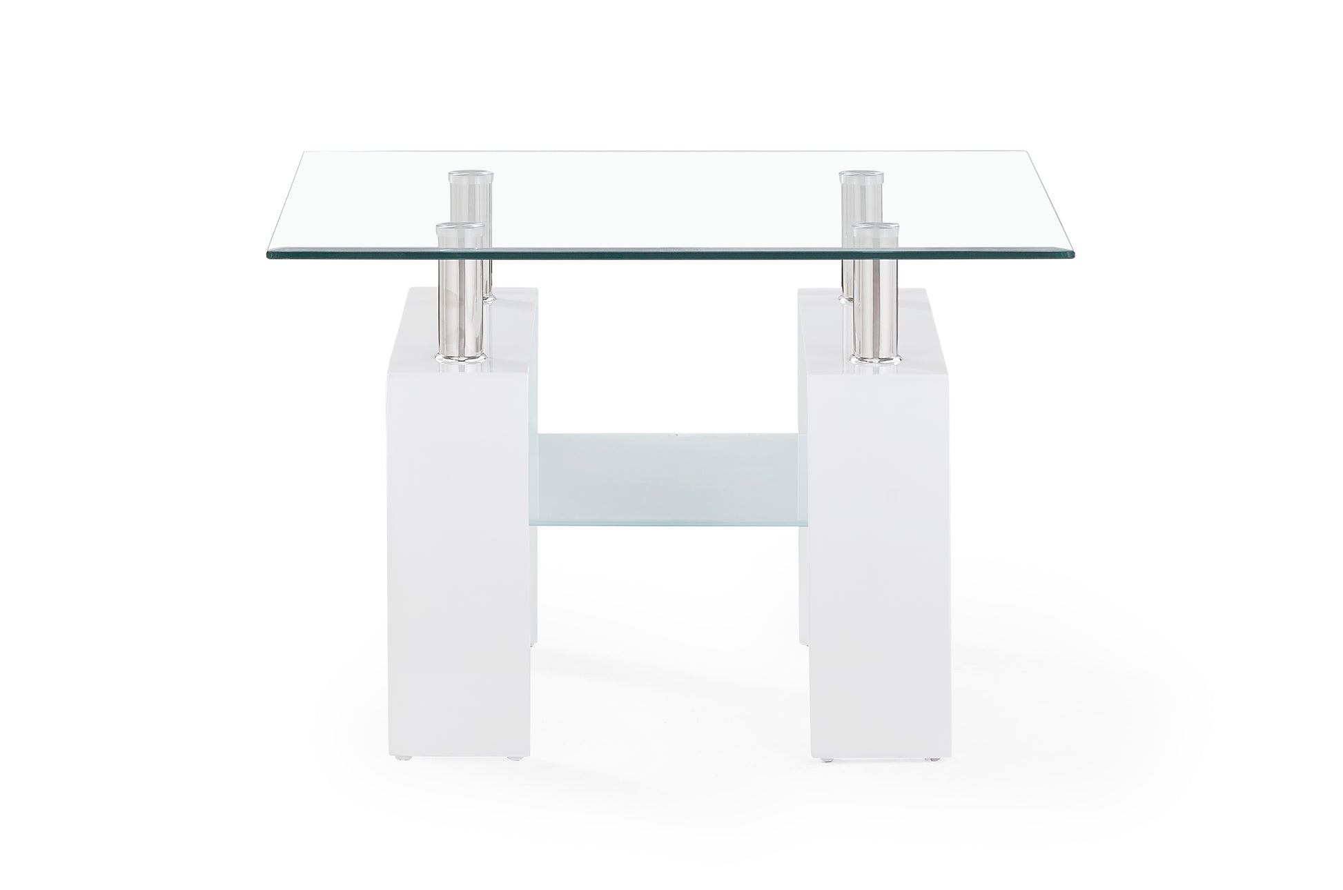 Modern white Hframe side table with tempered glass top and shelf