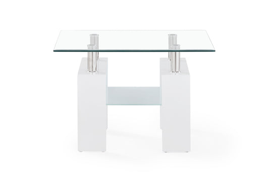 Modern white Hframe side table with tempered glass top and shelf