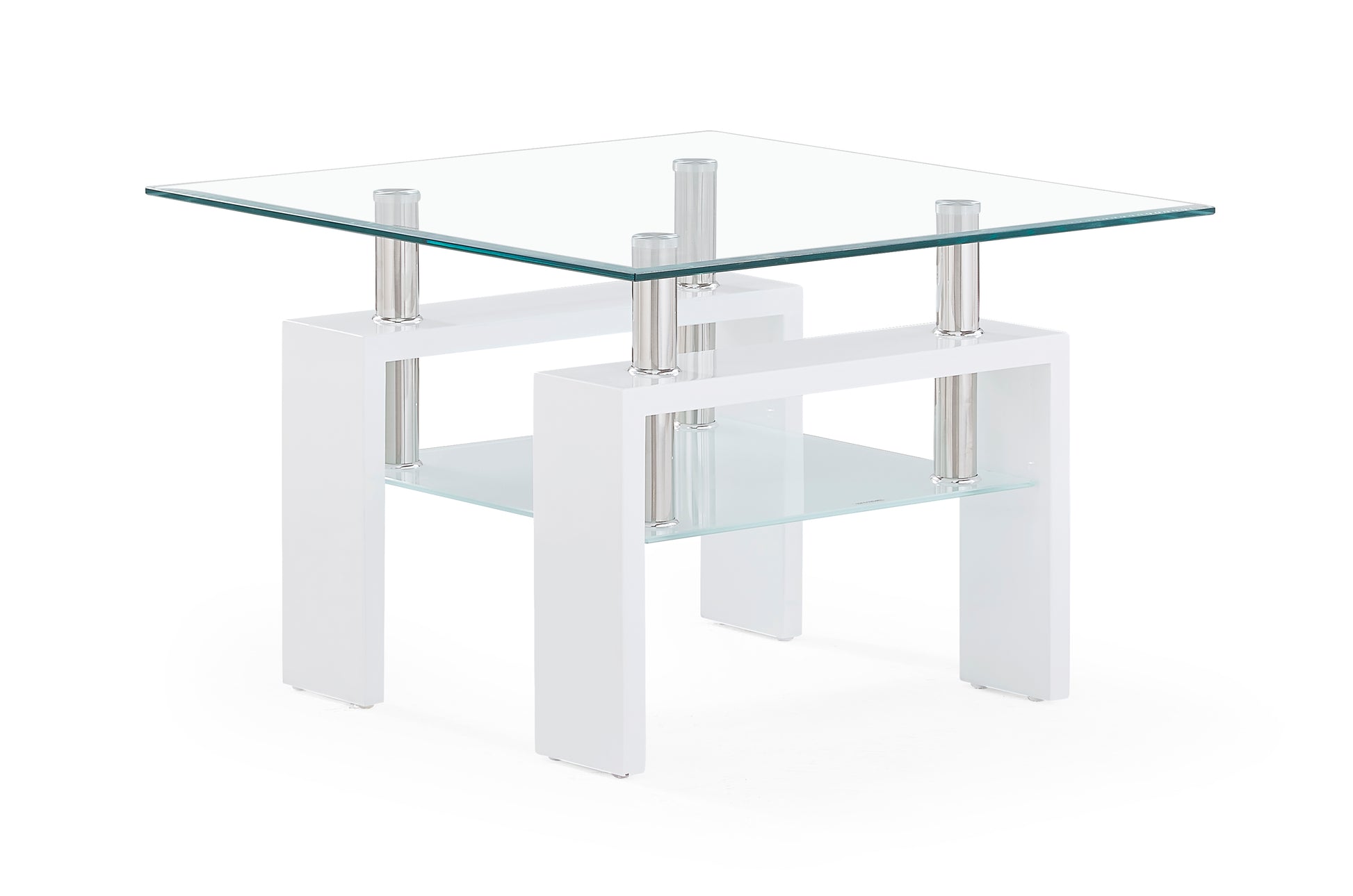 Modern white end table with clear glass top and shelf