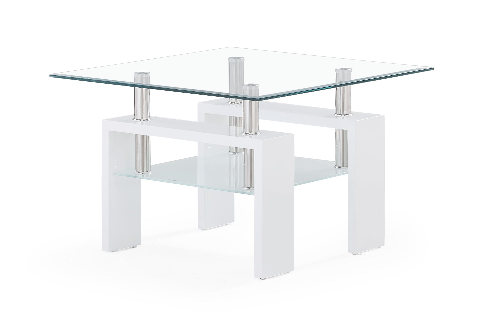Modern white side table with clear tempered glass top and shelf