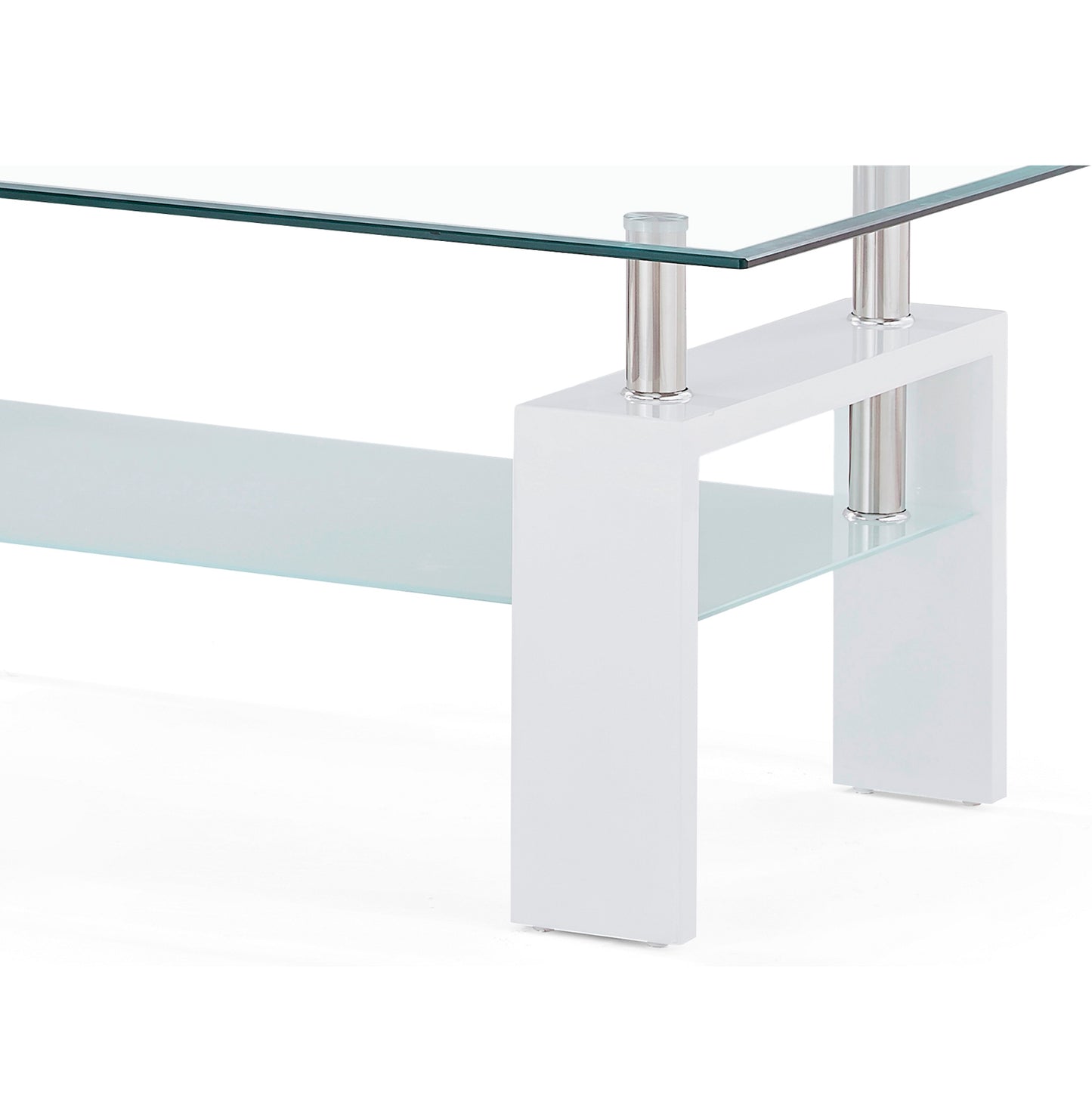 Modern white coffee table with clear glass top and shelf chrome accents