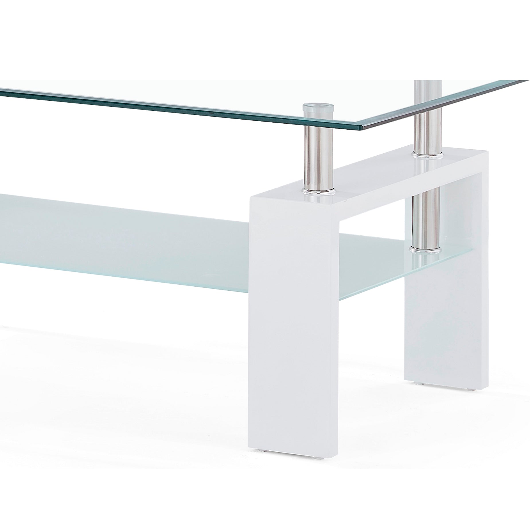 Modern white coffee table with clear glass top and shelf chrome accents
