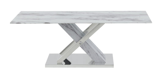 Marble top dining table with a chrome Xshaped base