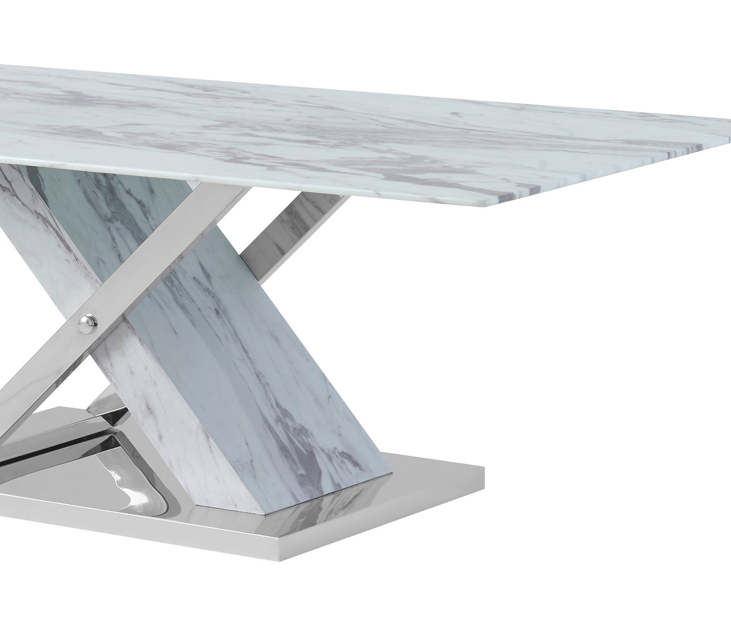 Modern marble dining table with chrome Xframe base and polished finish