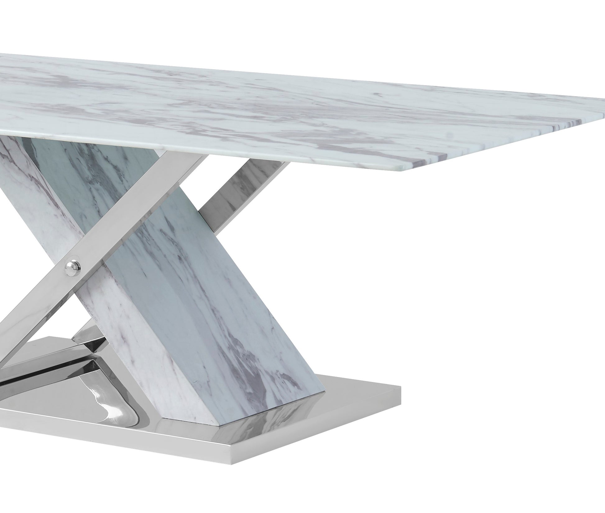 Modern marble dining table with chrome Xframe base and polished finish