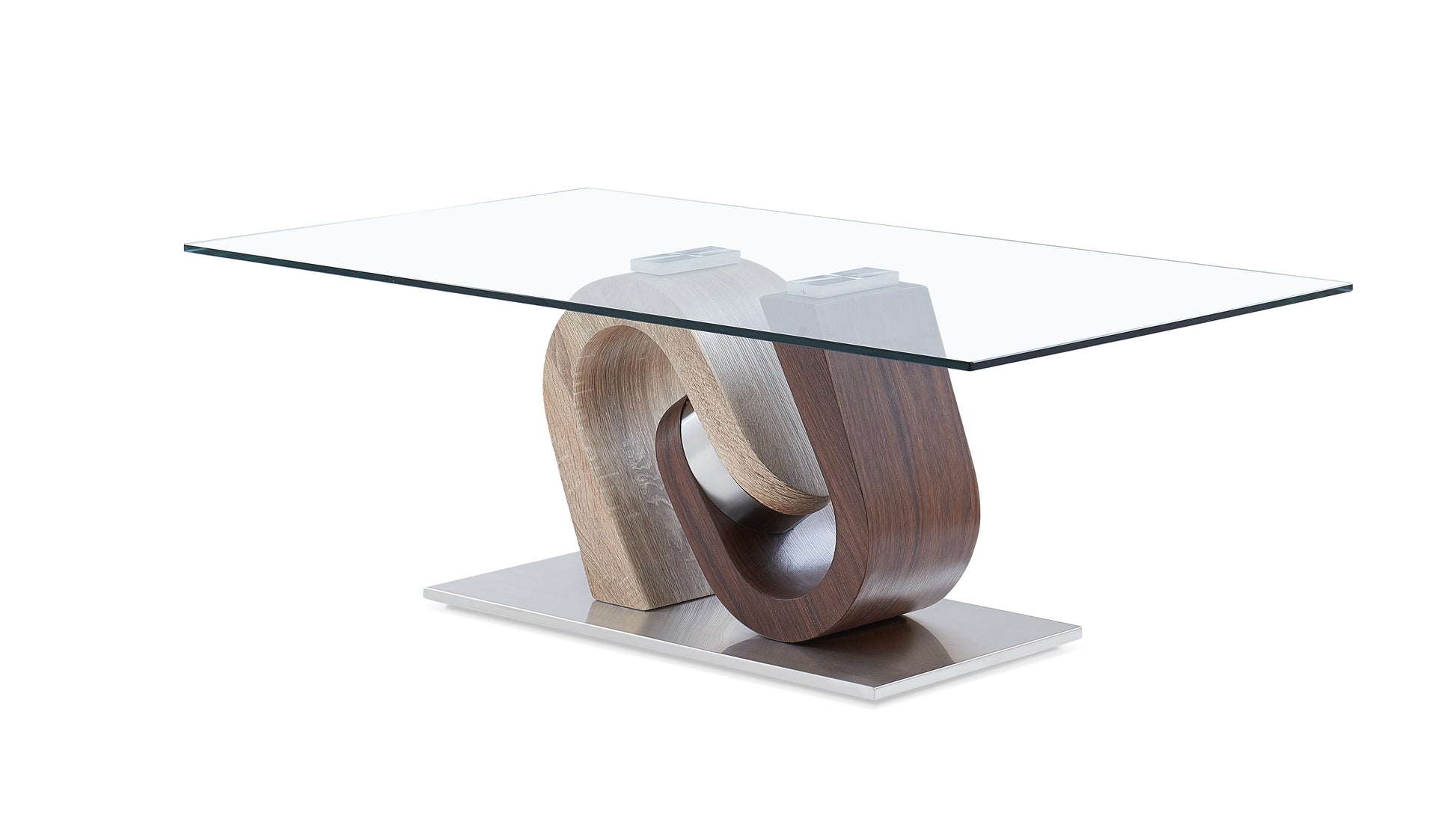 Modern glass coffee table with swirling wooden base and metal stand