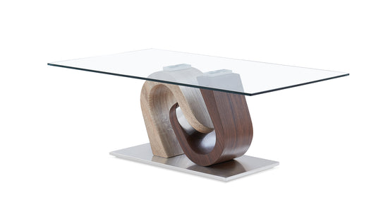 Modern glass coffee table with swirling wooden base and metal stand