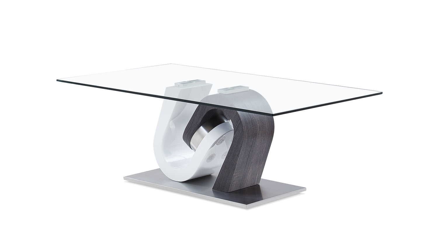 Modern glass coffee table with sculpted white and dark wood base