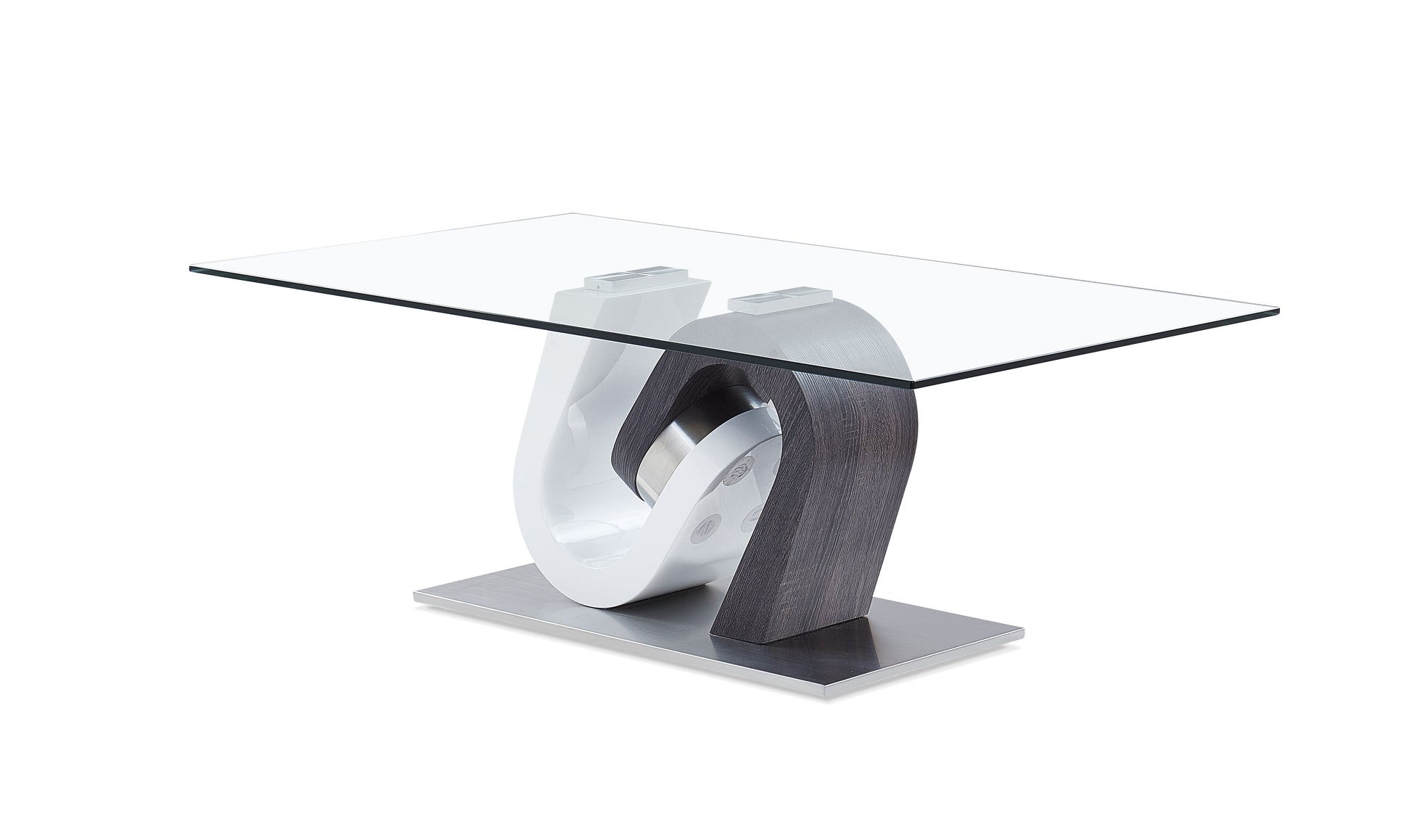 Modern glass coffee table with sculpted white and dark wood base