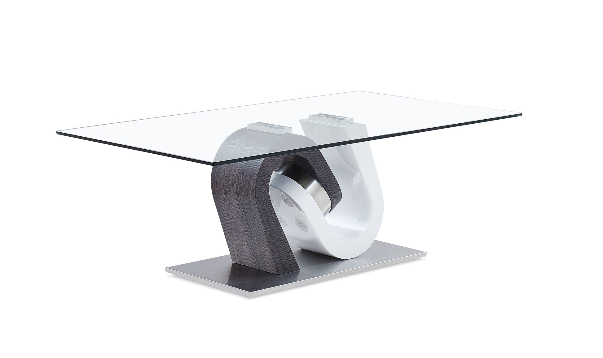 Modern glass coffee table with curved wood and white pedestal base