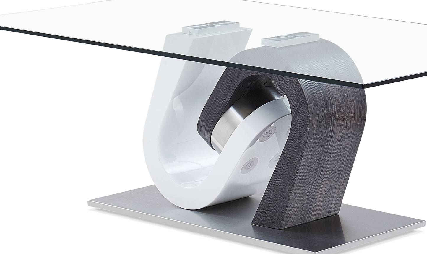 Modern coffee table with glass top and curved wood and white base
