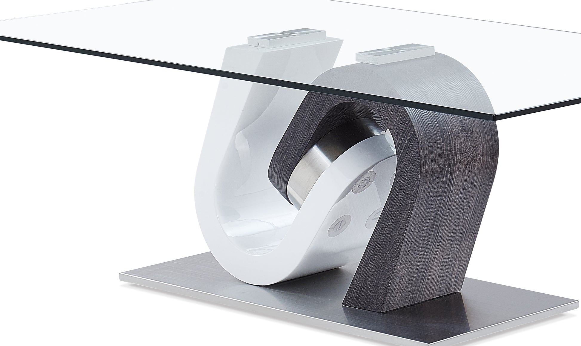Modern coffee table with glass top and curved wood and white base