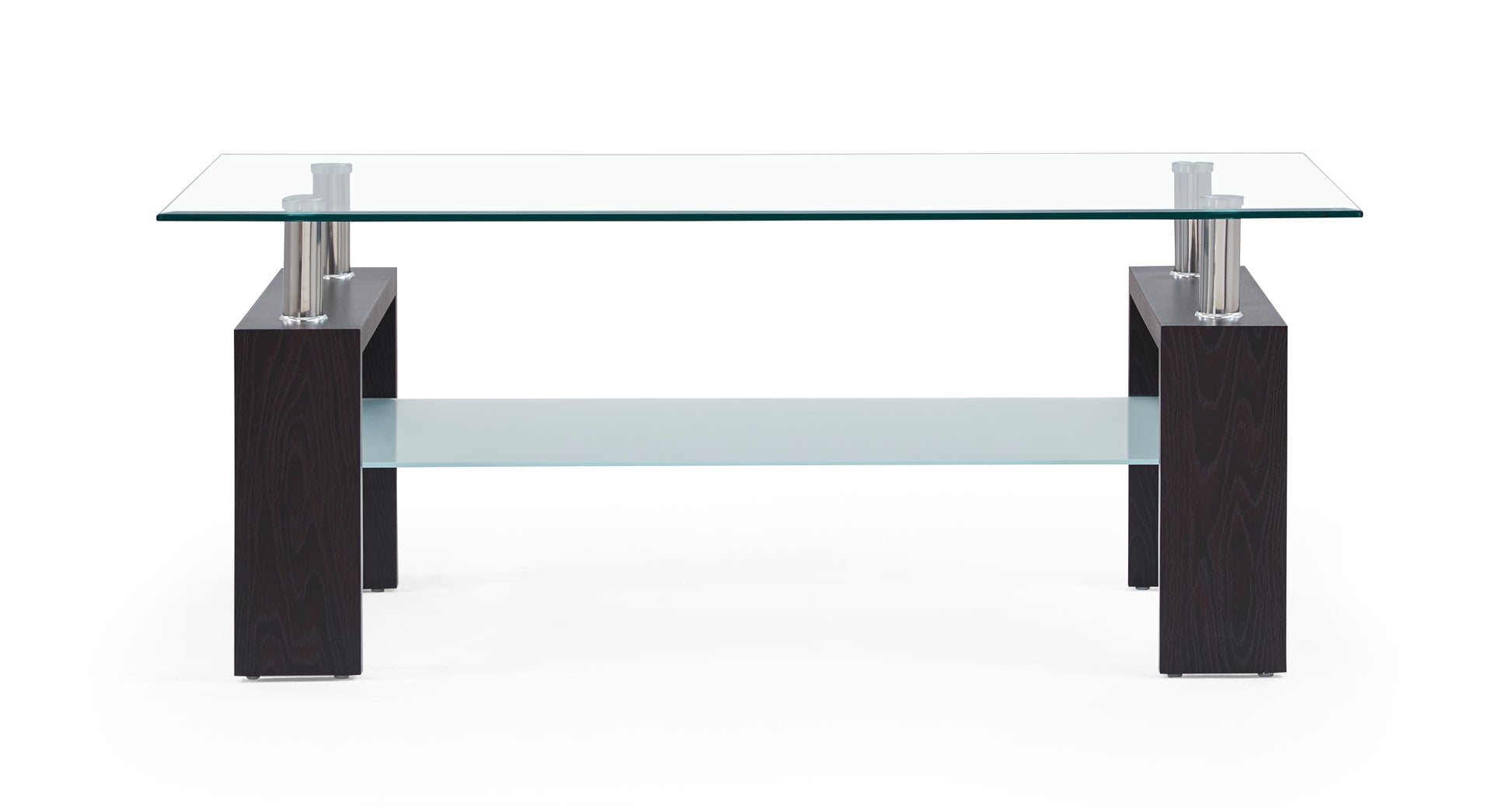 Modern coffee table with clear tempered glass top dark wood base and frosted glass shelf