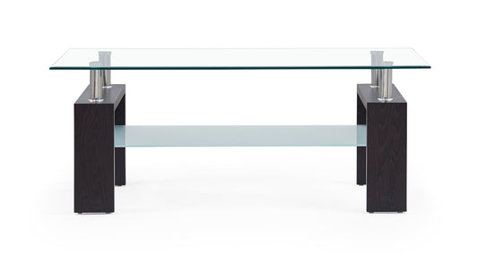Modern coffee table with clear tempered glass top dark wood base and frosted glass shelf