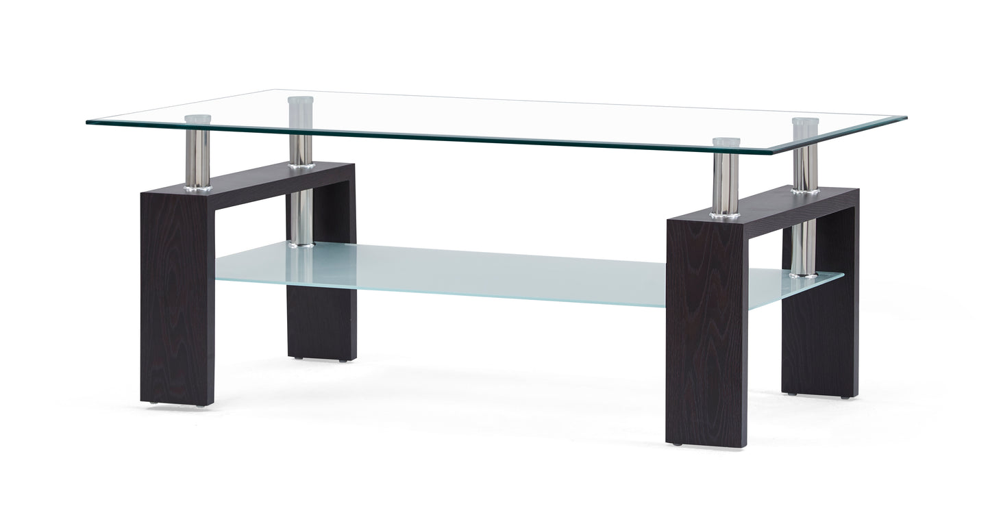 Modern glass coffee table with dark wood legs and a lower shelf
