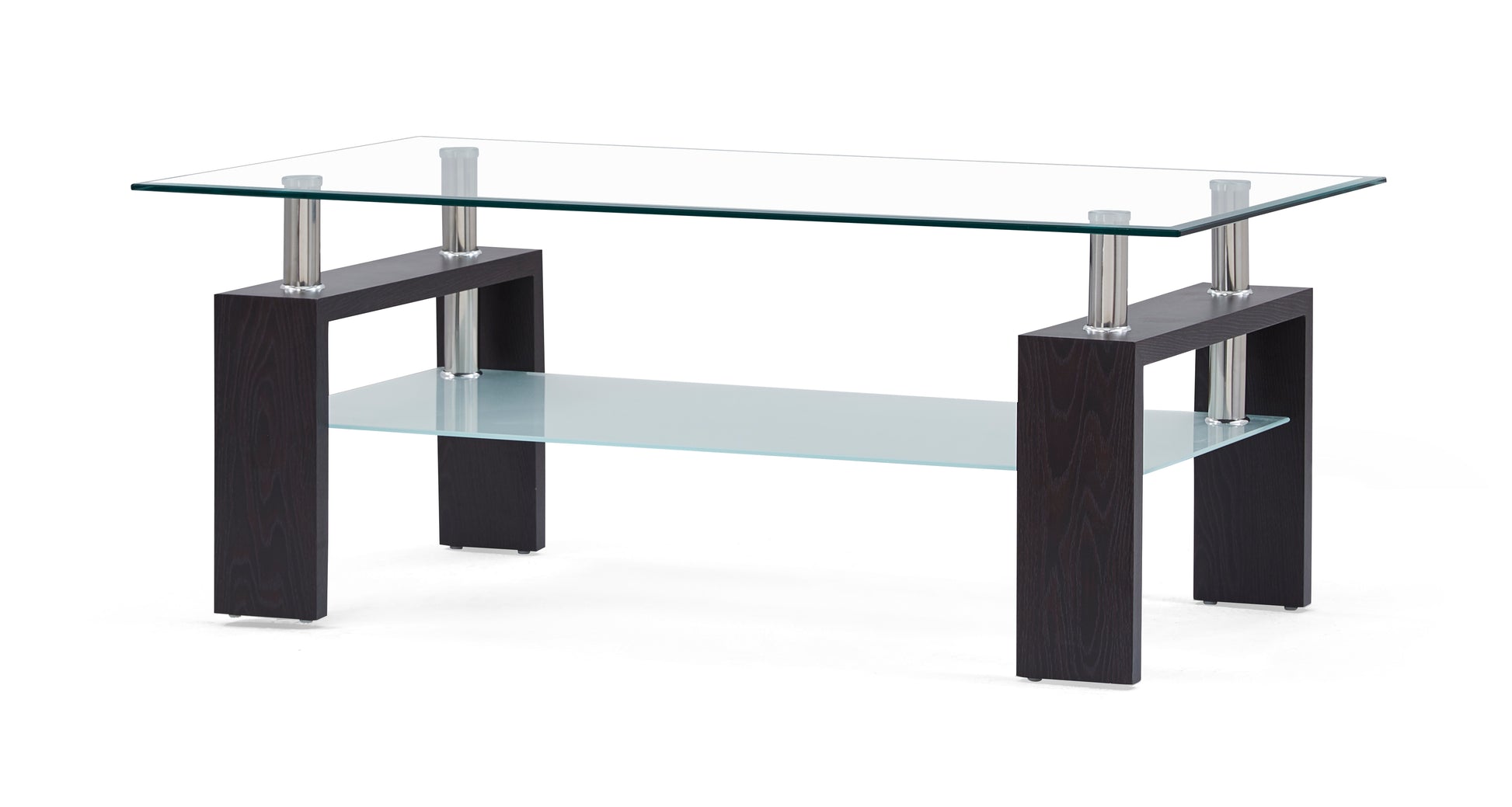 Modern glass coffee table with dark wood legs and a lower shelf