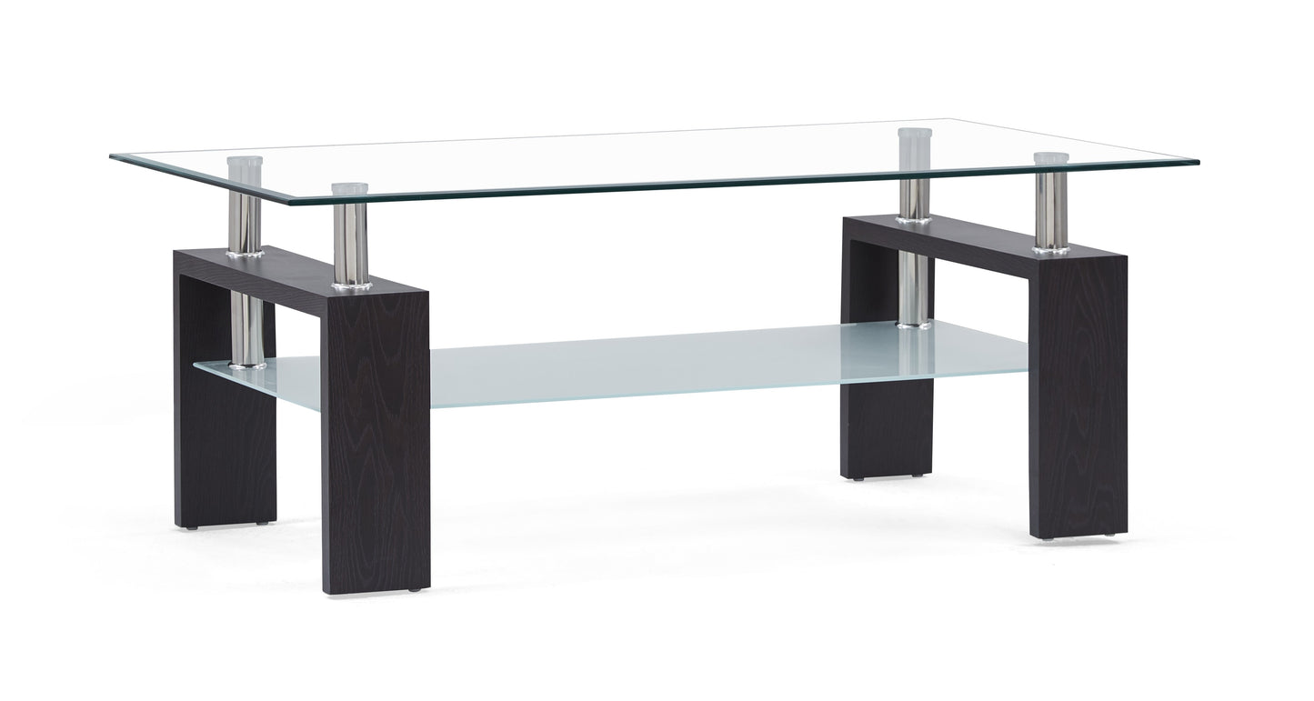 Modern glass coffee table with dark wood base and lower shelf