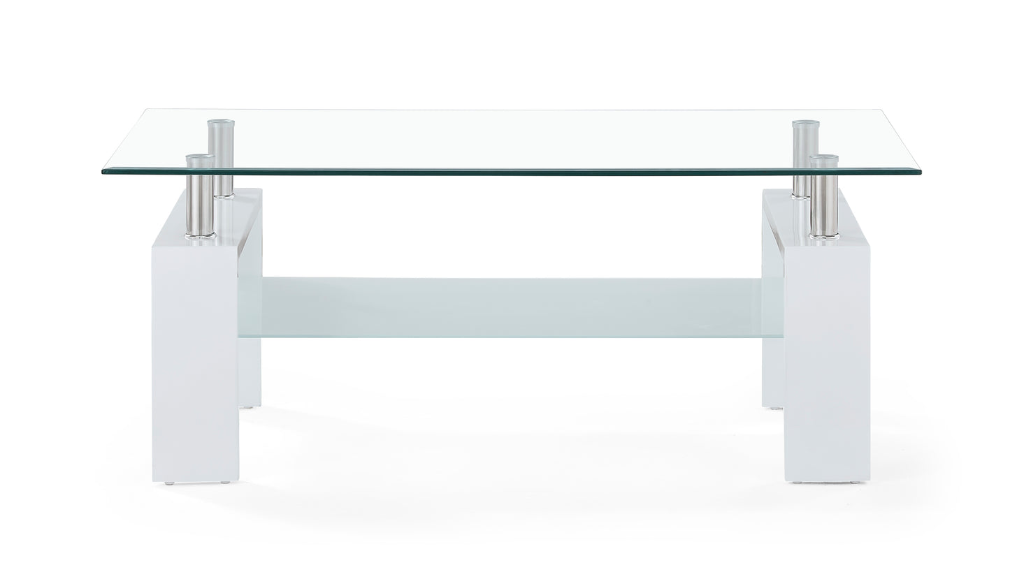 Modern white lacquered coffee table with clear glass top and shelf