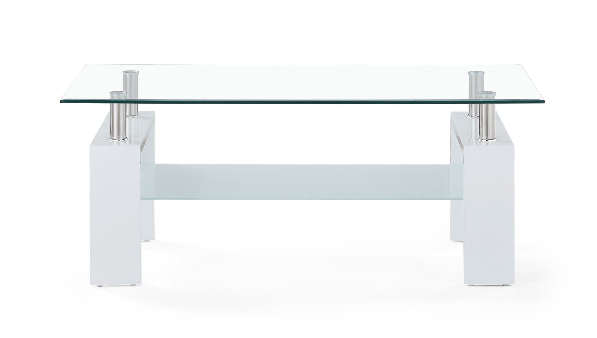 Modern white lacquered coffee table with clear glass top and shelf