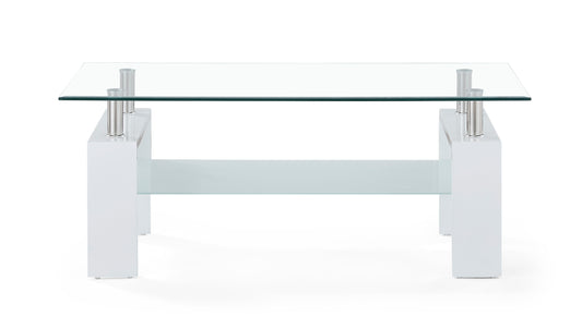 Modern white lacquered coffee table with clear glass top and shelf