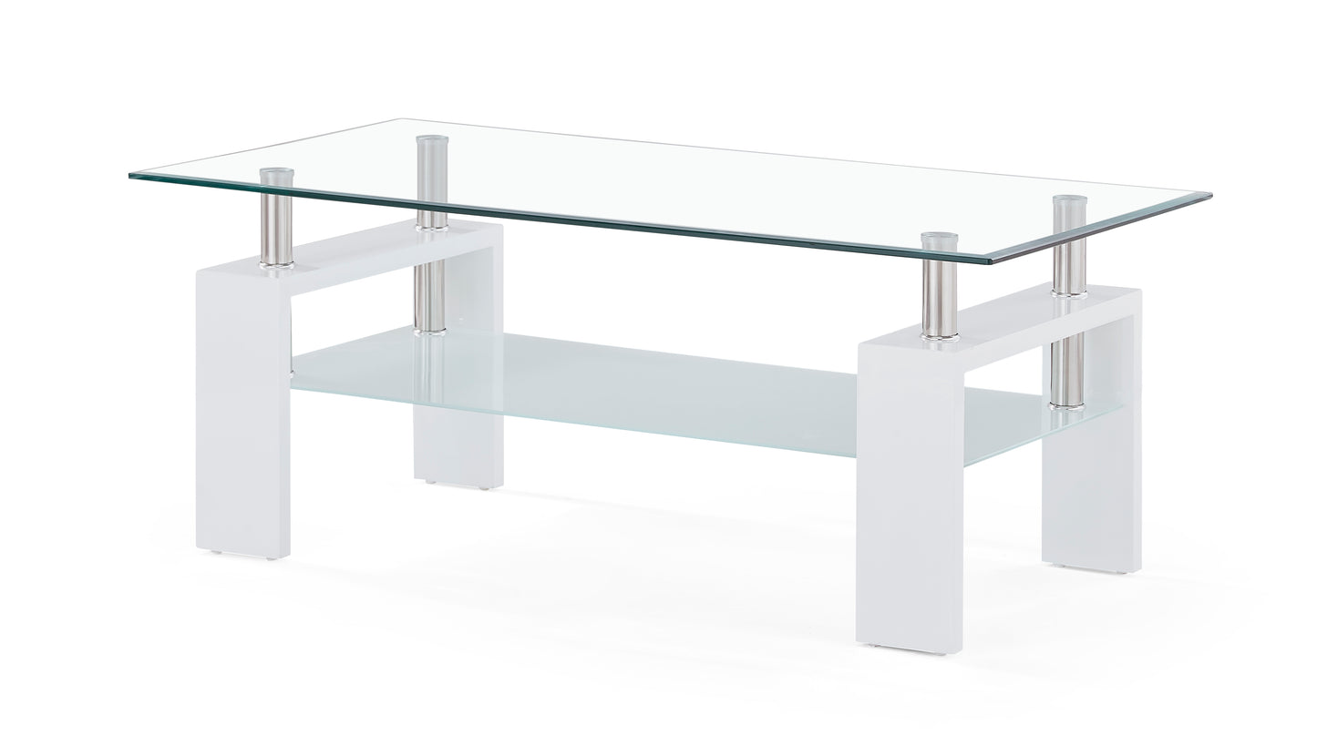 Modern white coffee table with tempered glass top and lower shelf