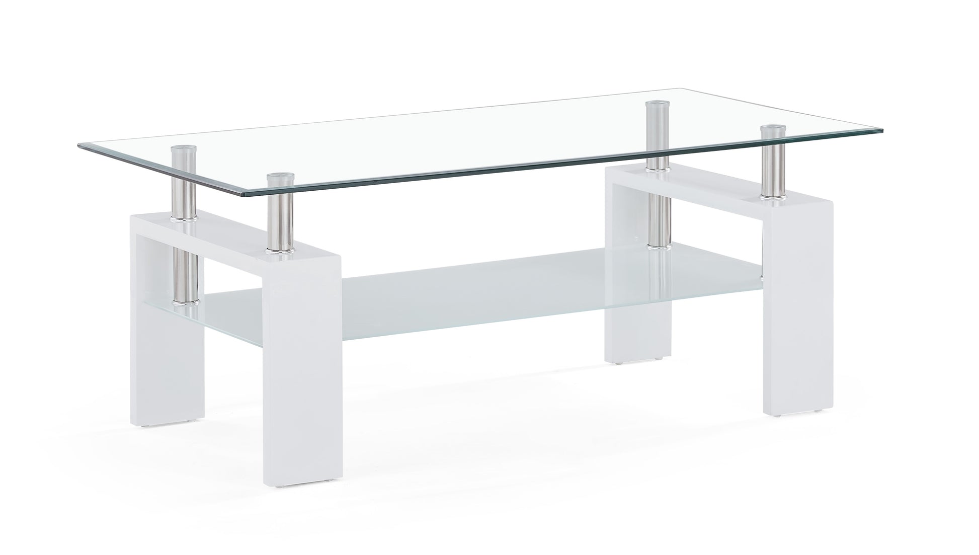 Modern white coffee table with tempered glass top and shelf