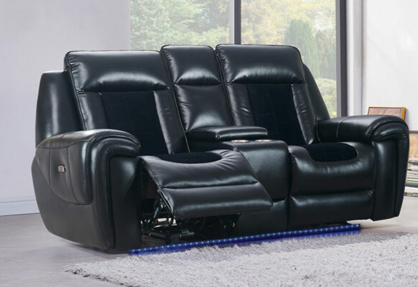 Black faux leather loveseat recliner with cupholders and blue LED lighting