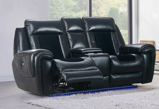 Black leather loveseat recliner with cup holders and ambient LED lighting
