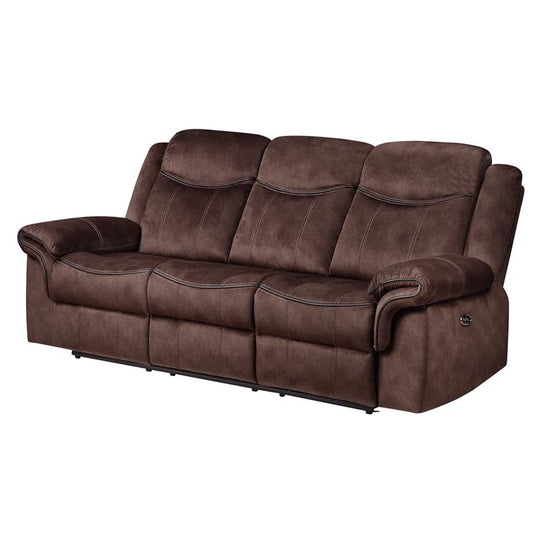 Brown faux leather reclining sofa with plush cushions and stitched detailing