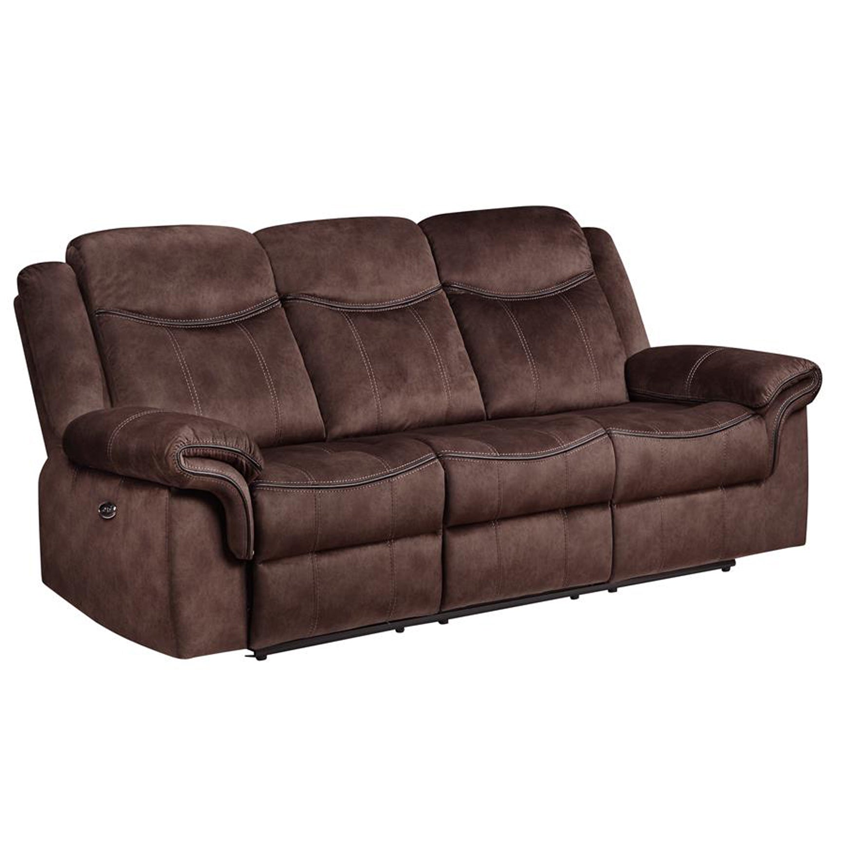 Brown fabric threeseater recliner sofa with contrasting stitching and padded arms perfect for living rooms