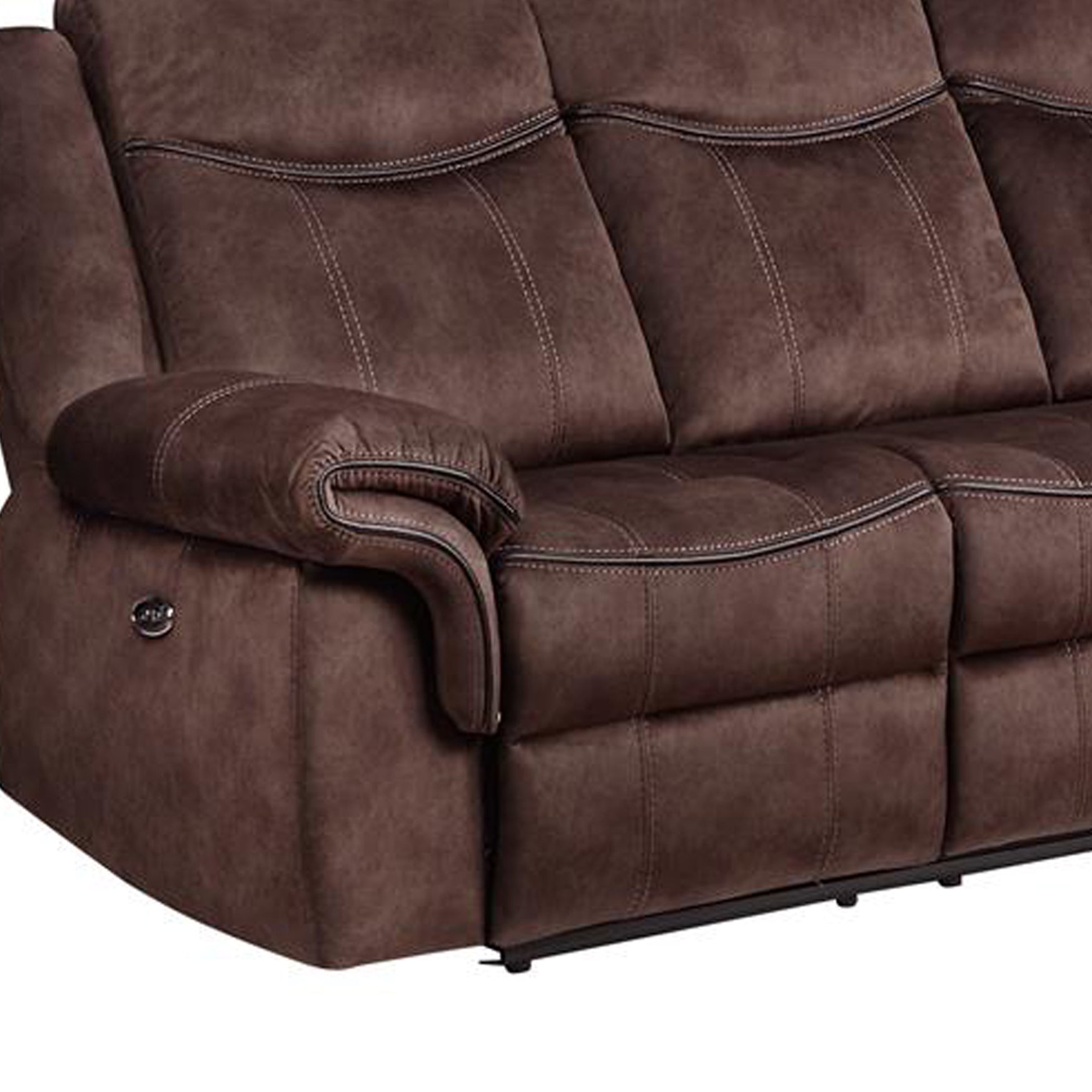 Brown leather reclining sofa with stitched cushioning and a convenient side control panel
