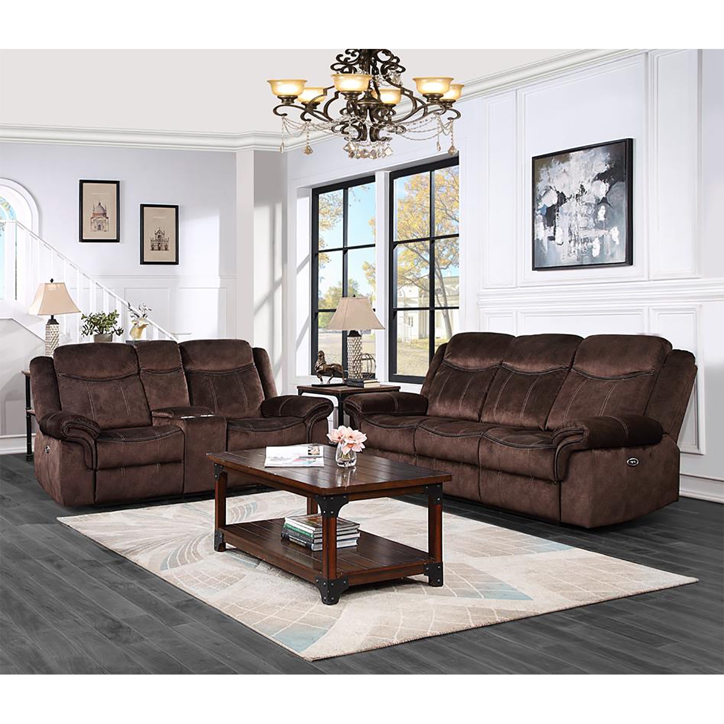 Brown reclining loveseat with plush cushions and a center console for living rooms