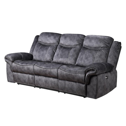 Dark grey leather reclining sofa with plush cushions and white stitching