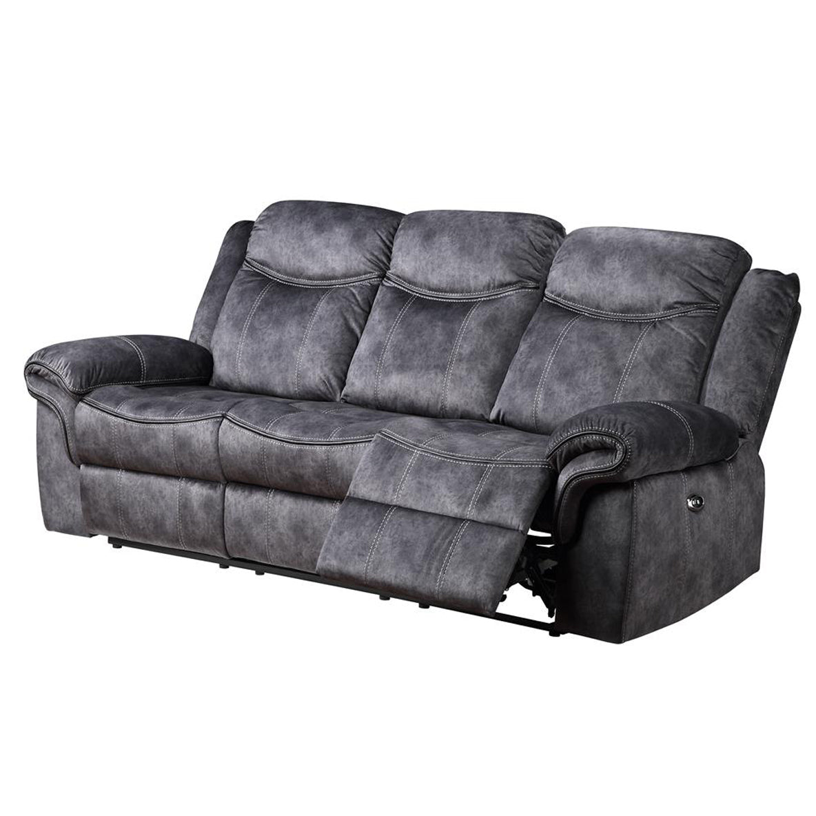 Dark grey fabric reclining sofa with plush cushions and white stitching