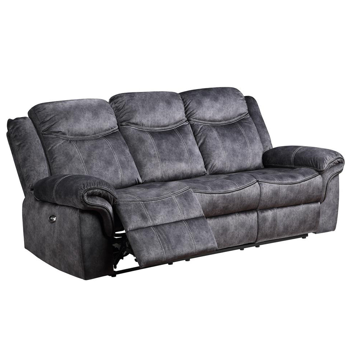 Dark grey power recliner sofa with white stitching details