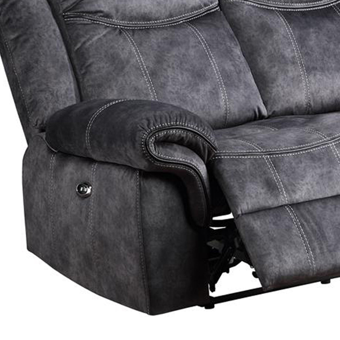 Dark gray recliner sofa armrest with white stitching and power control button