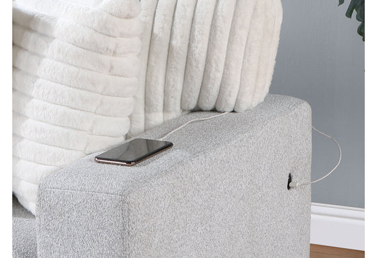 Grey textured armchair with builtin USB charging port