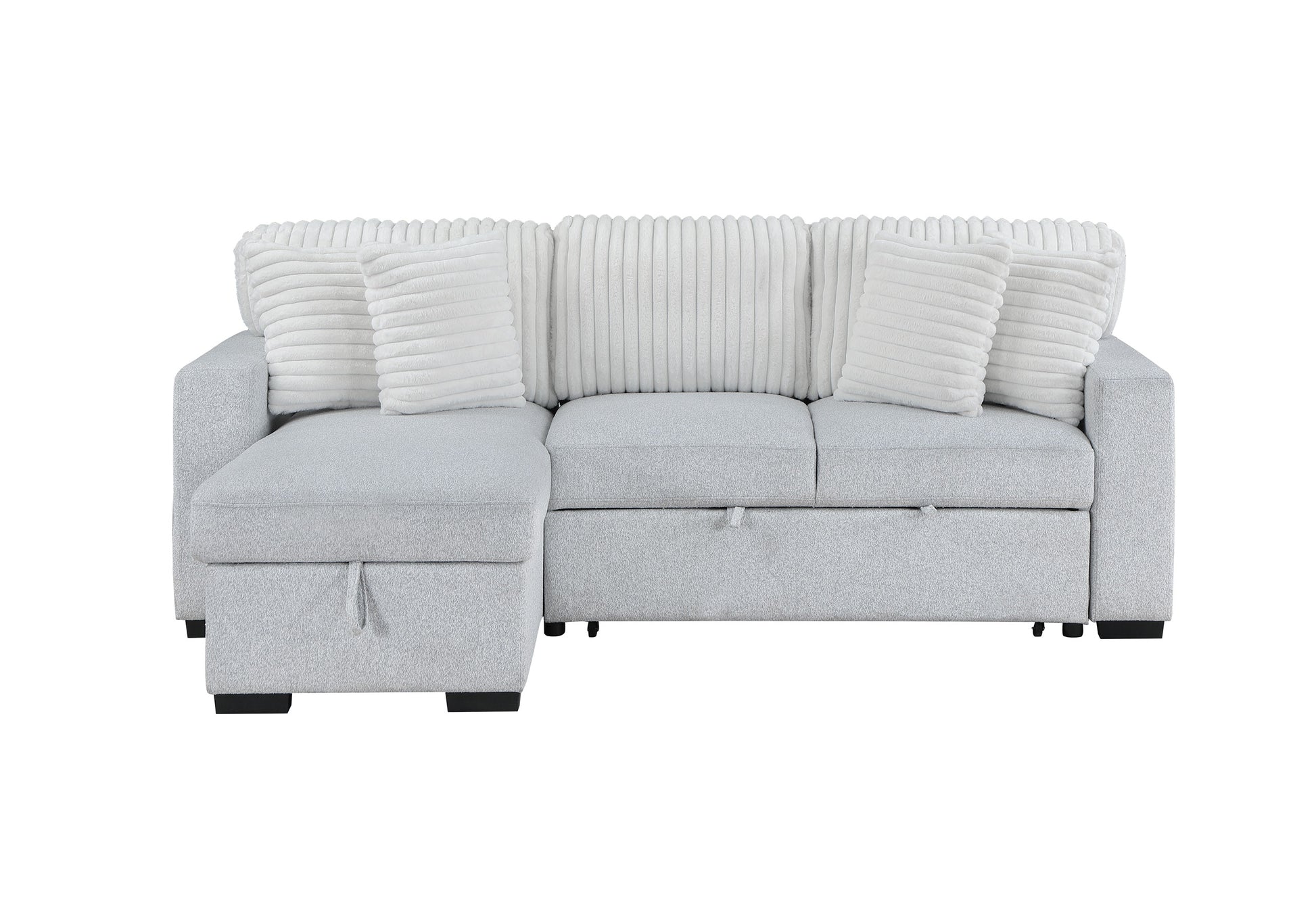 Grey upholstered sectional sofa with storage chaise and plush throw pillows