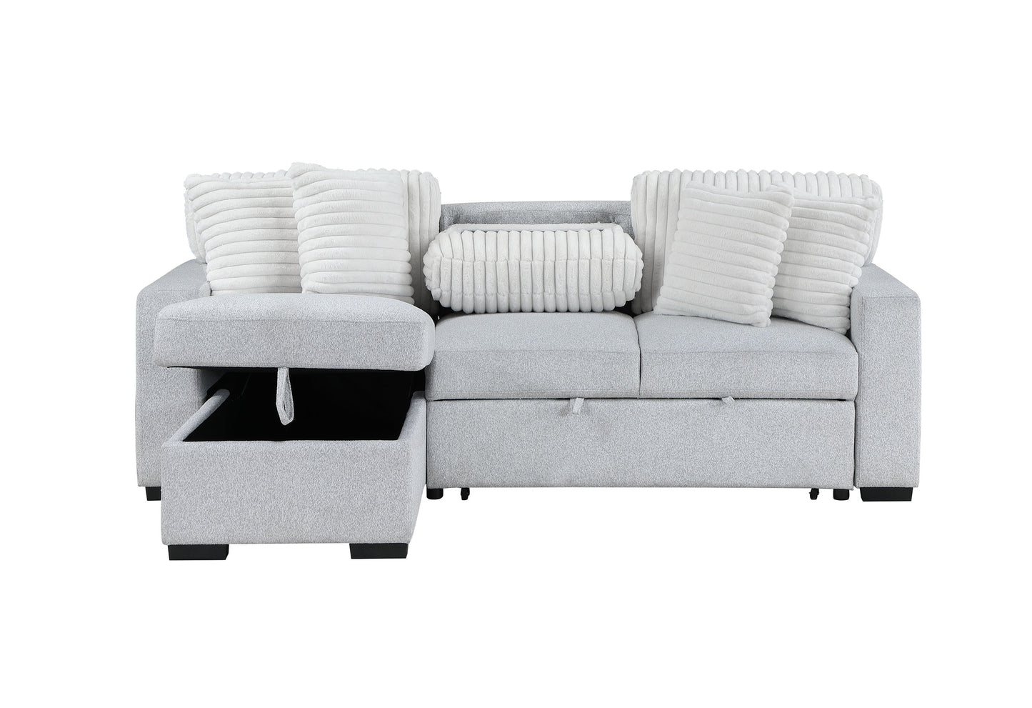 Light grey sectional sofa with open storage compartment and white textured cushions