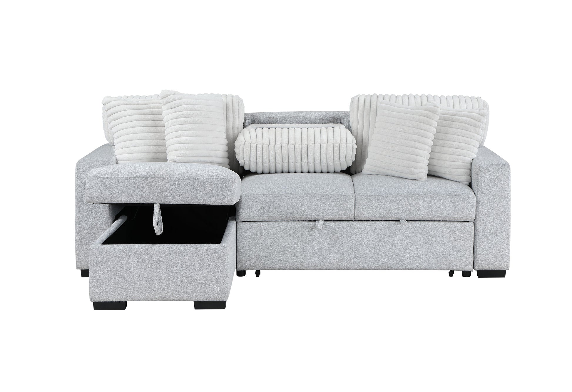 Light grey sectional sofa with open storage compartment and white textured cushions