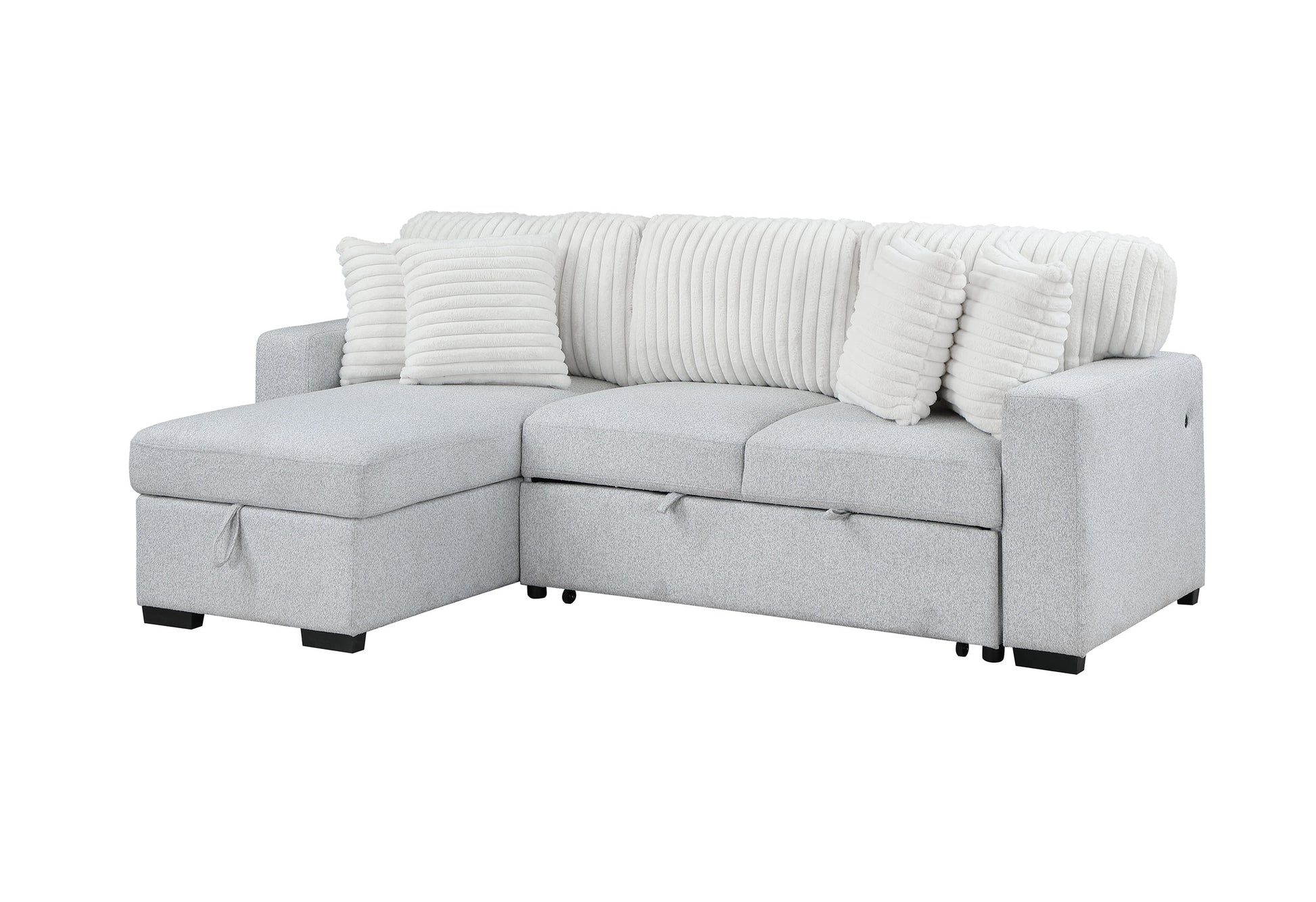 Light grey fabric sectional sofa with storage chaise and plush white accent pillows